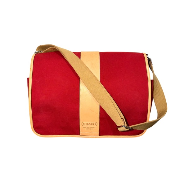 Coach Women’s Red Canvas and Tan Leather Diaper Shoulder Bag 25-6437 - Picture 9 of 10